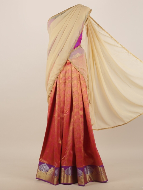 

Pothys Cream-Coloured & Pink Ethnic Motifs Zari Half & Half Saree