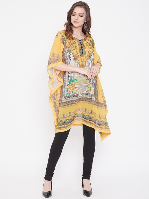 

The Kaftan Company Women Yellow & Orange Floral Printed Extended Sleeves Georgette Kaftan Kurta