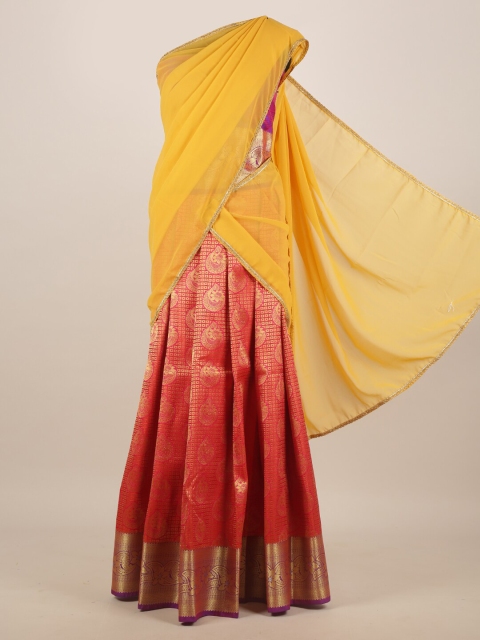 

Pothys Yellow & Red Ethnic Motifs Woven Design Half Saree