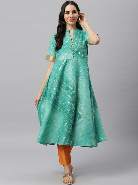 

Shakumbhari Women Green & Golden Printed Gotta Patti Georgette Kurta