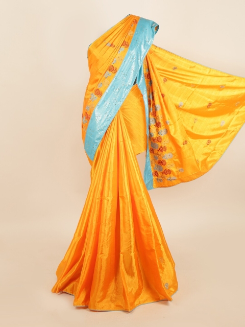

Pothys Women Orange & Blue Sana Silk Floral Embroidered saree