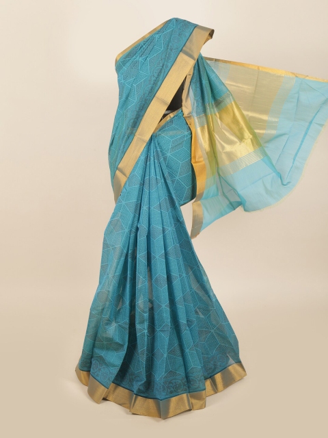 

Pothys Turquoise Blue & Gold-Toned Silk Cotton Saree