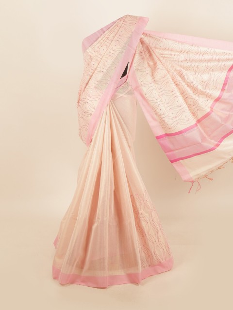 

Pothys Women Pink & Cream Tissue Embroidered Saree