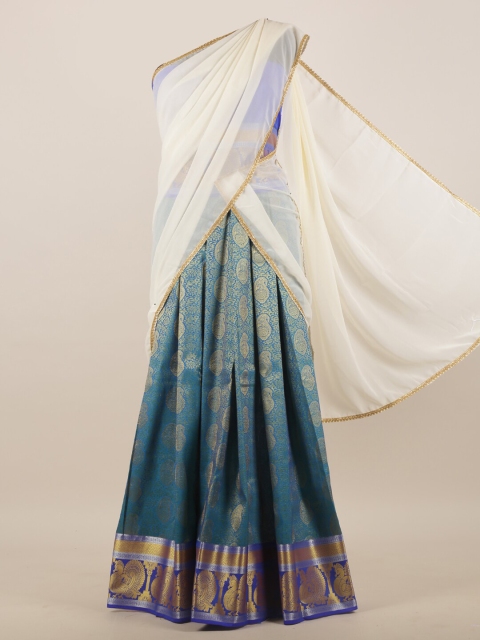 

Pothys Cream-Coloured & Blue Paisley Woven Design Half Saree