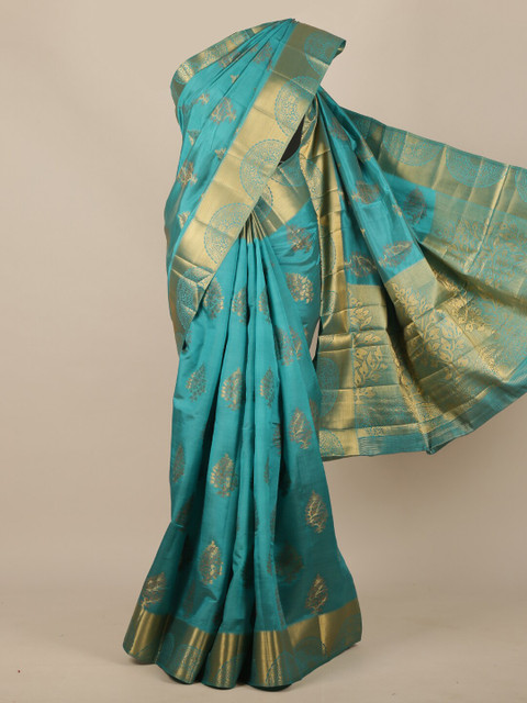 

Pothys Blue & Gold-Toned Ethnic Motifs Zari Jute Silk Saree
