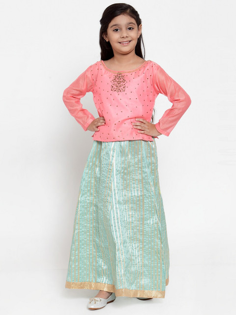 

Baani Creations Girls Pink & Sea Green Embellished Sequinned Ready to Wear Lehenga Choli