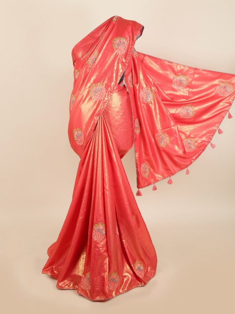 

Pothys Poly Chiffon Pink & Gold-Toned Beads and Stones Embellished Saree