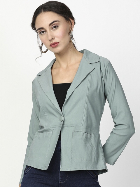 

V2 Value & Variety Women Green Solid Pure Cotton Single-Breasted Casual Blazer
