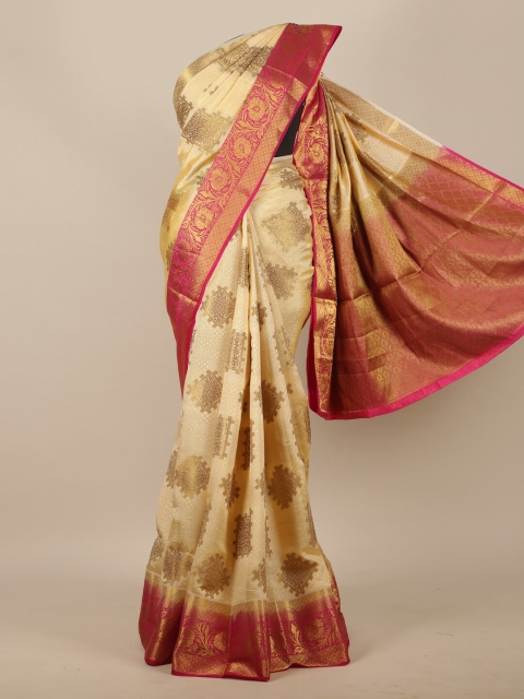 

Pothys Cream-Coloured & Pink Woven Design Jute Silk Saree