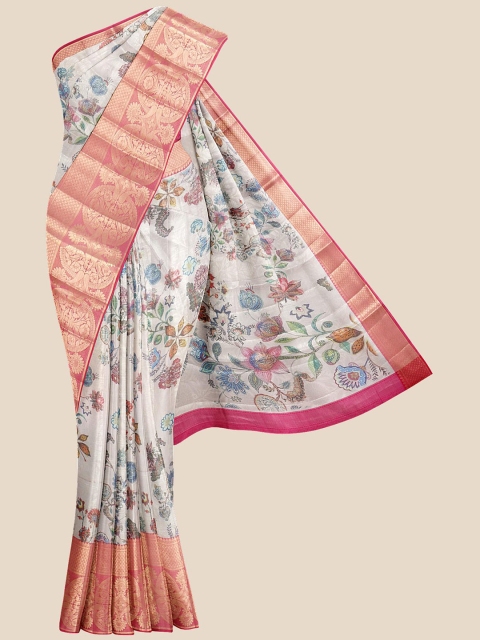 

Kalamandir White & Blue Floral Print Silk Blend Banarasi Saree