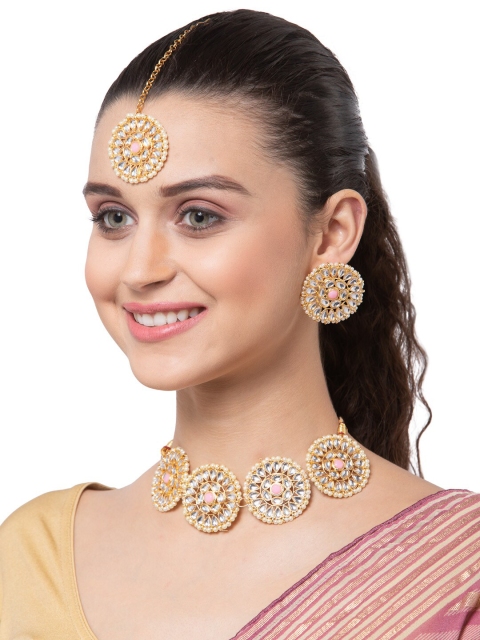 

Shining Diva Gold-Plated Pink & White Kundan-Studded Choker Jewellery Set