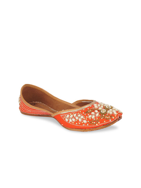 

The Desi Dulhan Women Orange Embellished Leather Ethnic Mojaris Flats