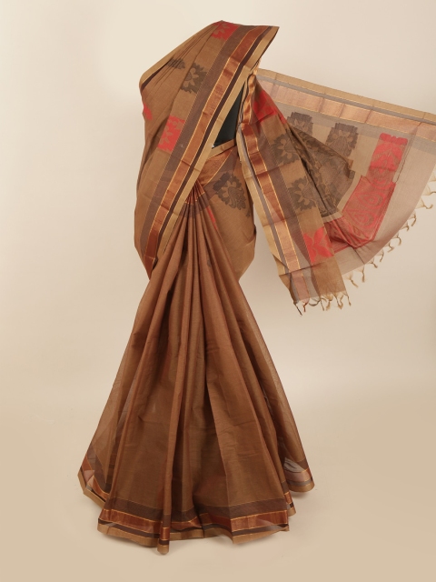 

Pothys Brown & Red Cotton Blend Floral Saree