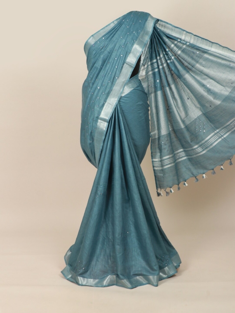 

Pothys Blue Embellished Linen Blend Saree
