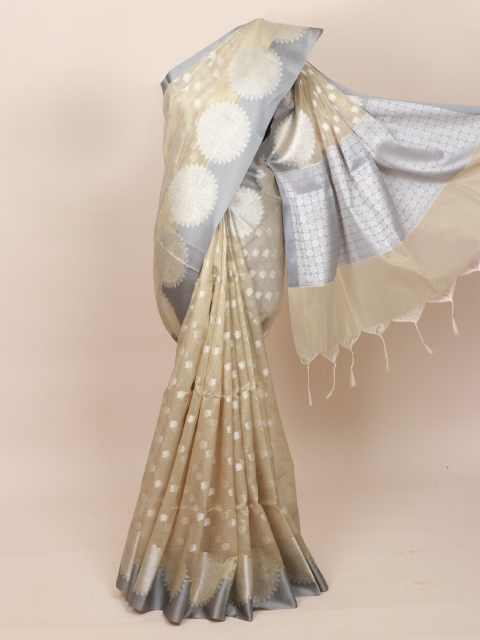

Pothys Cream-Coloured & Grey Floral Tissue Saree