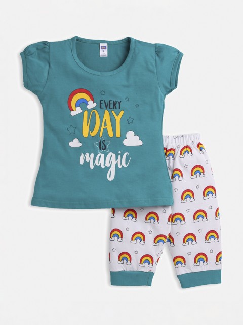 

Nottie Planet Girls Teal Green & White Printed Night Suit