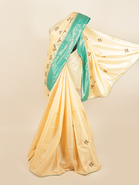 

Pothys Cream-Coloured & Green Floral Jute Silk Saree