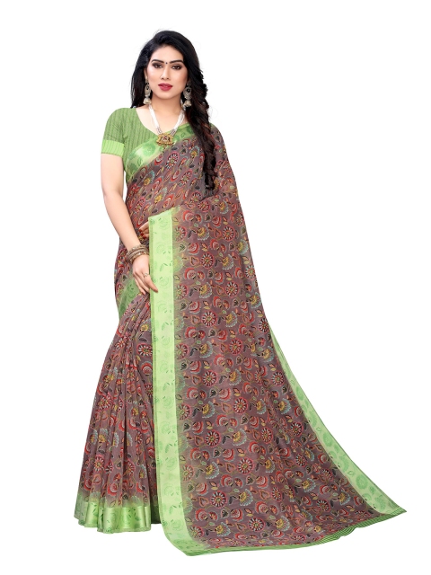 

KALINI Brown & Green Ethnic Motifs Printed Pure Linen Saree