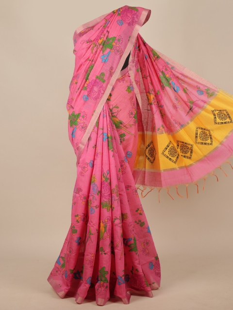 

Pothys Pink & Green Cotton Blend Floral Saree