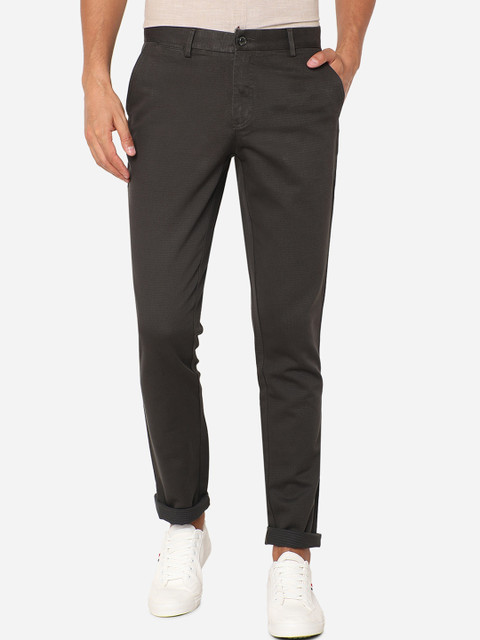 

JADE BLUE Men Charcoal Grey Striped Pure Cotton Slim Fit Trousers