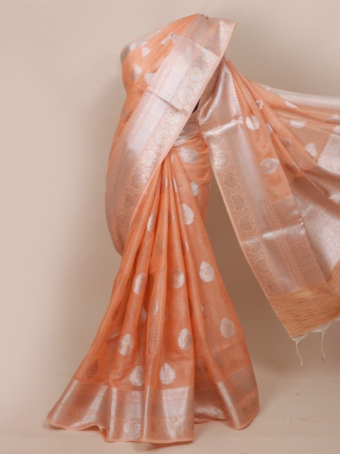 

Pothys Peach-Coloured & Silver-Toned Woven Design Tissue Saree