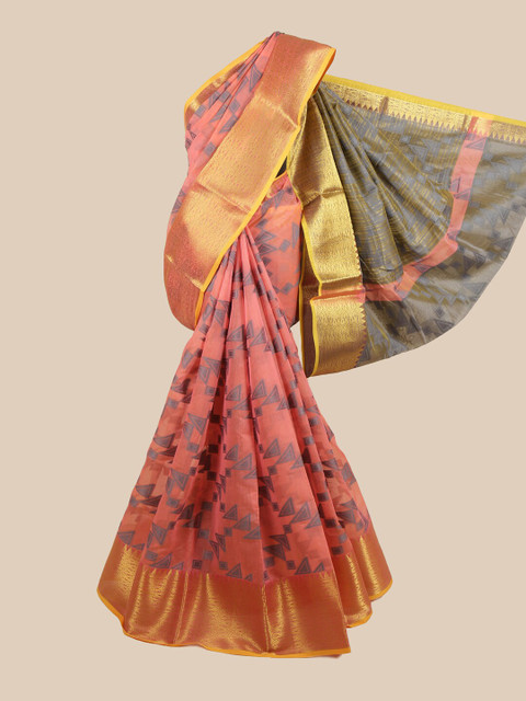 

Pothys Pink & Gold-Toned Geometric Printed Saree