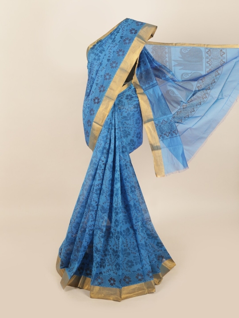 

Pothys Blue & Gold-Toned Floral Silk Cotton Saree