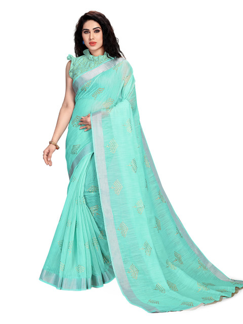 

KALINI Green & Gold-Coloured Ethnic Motifs Block Print Saree