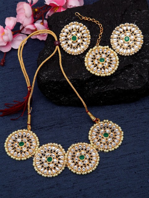 

Shining Diva Gold-Plated White & Green Kundan-Studded Beaded Jewellery Set