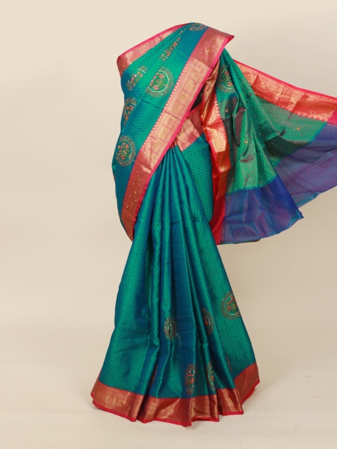 Pothys Sea Green & Pink Embellished Zari Jute Cotton Saree
