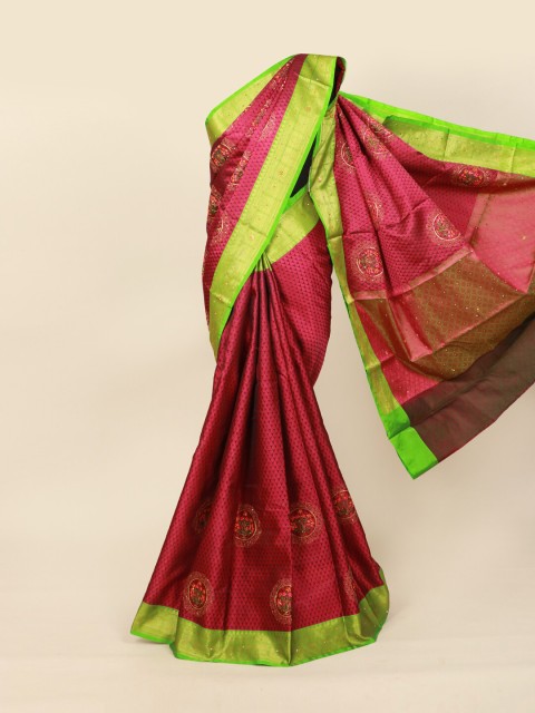 

Pothys Magenta & Green Floral Beads and Stones Jute Cotton Saree