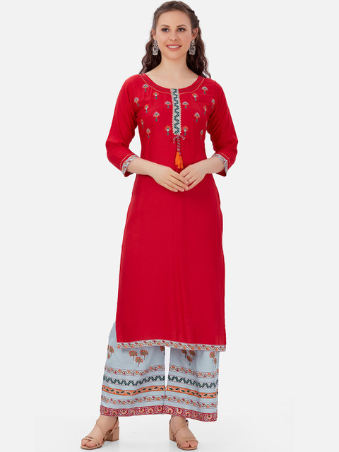 

Kiana Women Red & Grey Floral Printed Empire Kurta with Palazzos