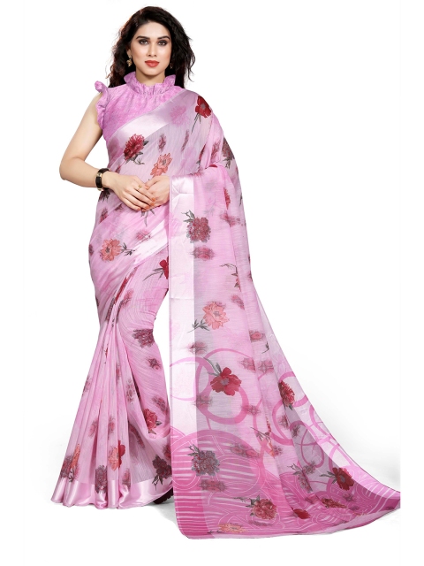 

KALINI Pink & Silver-Toned Floral Bagh Saree
