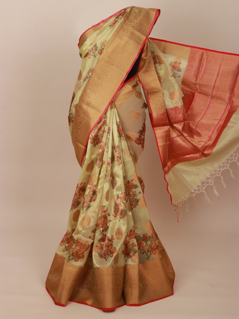 

Pothys Green & Red Floral Zari Art Silk Banarasi Saree