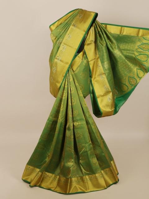 

Pothys Women Green & Gold Silk Blend Zari Woven Designed saree
