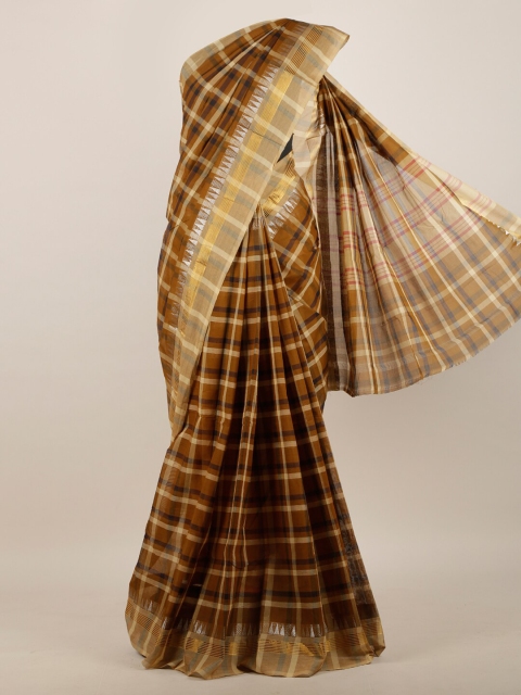 

Pothys Brown & Silver-Toned Checked Pure Cotton Saree