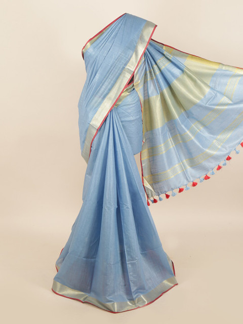 

Pothys Blue & Silver-Toned Linen Blend Saree