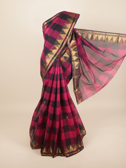 Pothys Women Pink & Black Pure Cotton Checked Saree, Burgundy