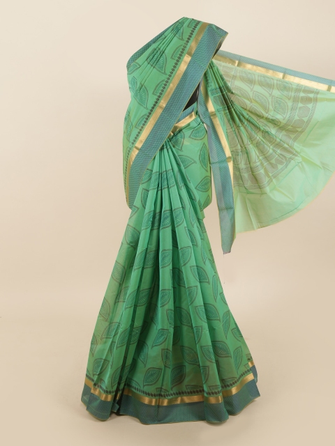 

Pothys Green & Gold-Toned Floral Zari Silk Cotton Saree