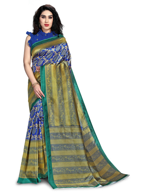 

KALINI Blue & Gold-Coloured Ethnic Motifs Zari Baluchari Saree