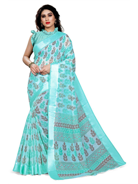 

KALINI Teal & Grey Floral Bagh Cotton Saree
