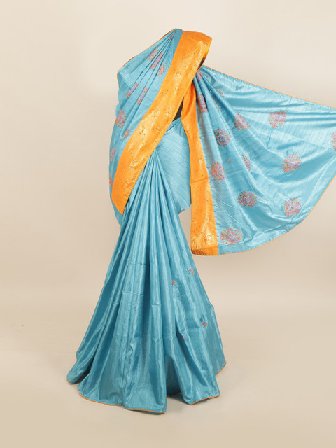 

Pothys Blue & Orange Floral Embroidered Jute Silk Saree