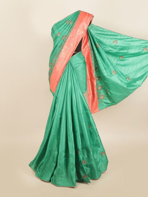 

Pothys Green & Pink Floral Beads and Stones Jute Silk Saree