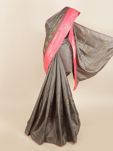

Pothys Grey & Pink Ethnic Motifs Brasso Printed Border Jute Silk Saree