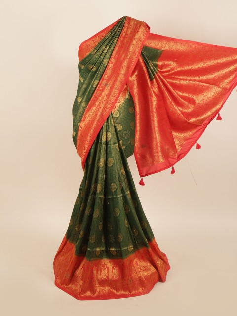 

Pothys Green & Red Woven Design Beads and Stones Jute Silk Saree