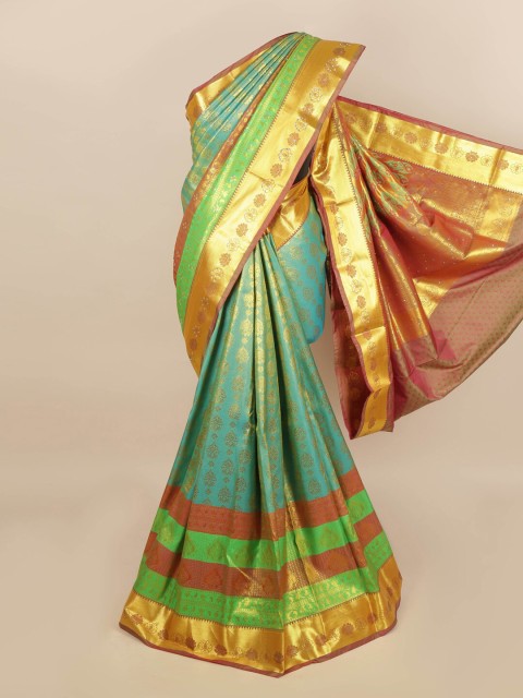

Pothys Blue & Gold-Toned Floral Silk Blend Saree