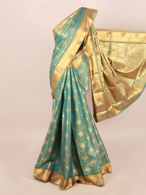

Pothys Blue & Gold-Toned Woven Design Zari Silk Blend Saree