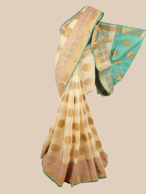 

Pothys Cream & Sea Green Coloured Ethnic Motifs Zari Saree