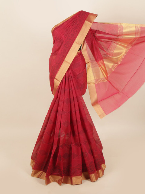 

Pothys Magenta & Gold-Toned Floral Zari Silk Cotton Saree