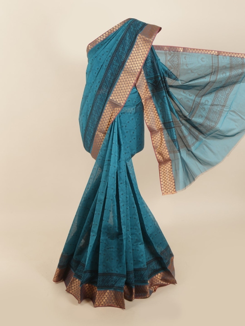 

Pothys Blue & Gold-Toned Floral Zari Silk Cotton Saree